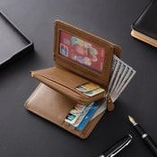 Custom Photo Engraved Brown Bifold Wallet with Zip Compartment for Coins