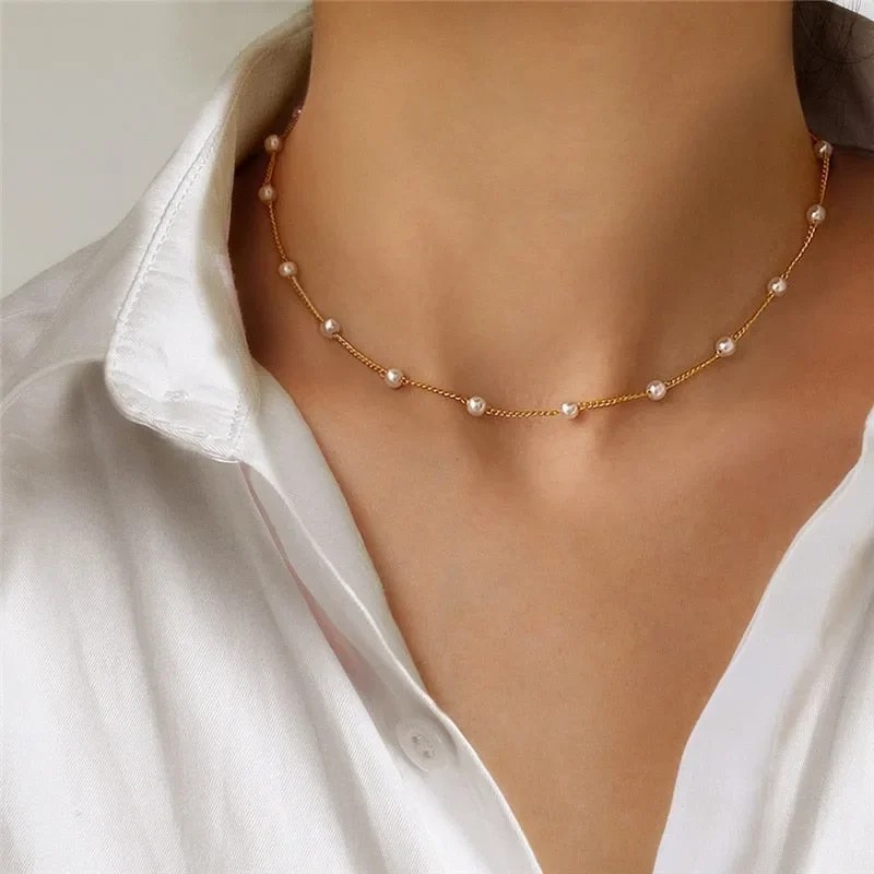 Womens Korean Style Pearl Choker Necklace