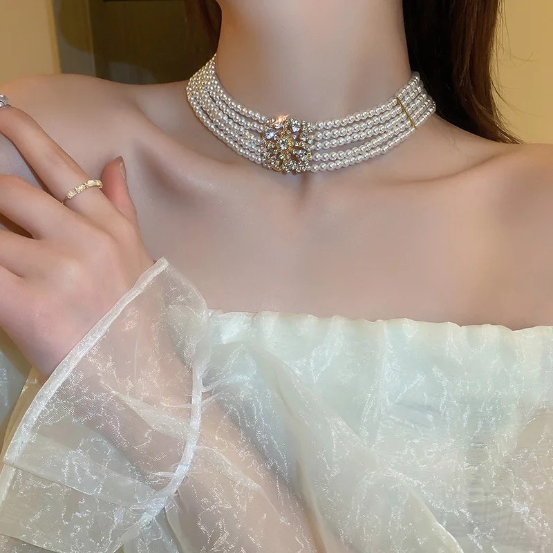 FYUAN Korean Style Multilayer Pearl Choker Necklace