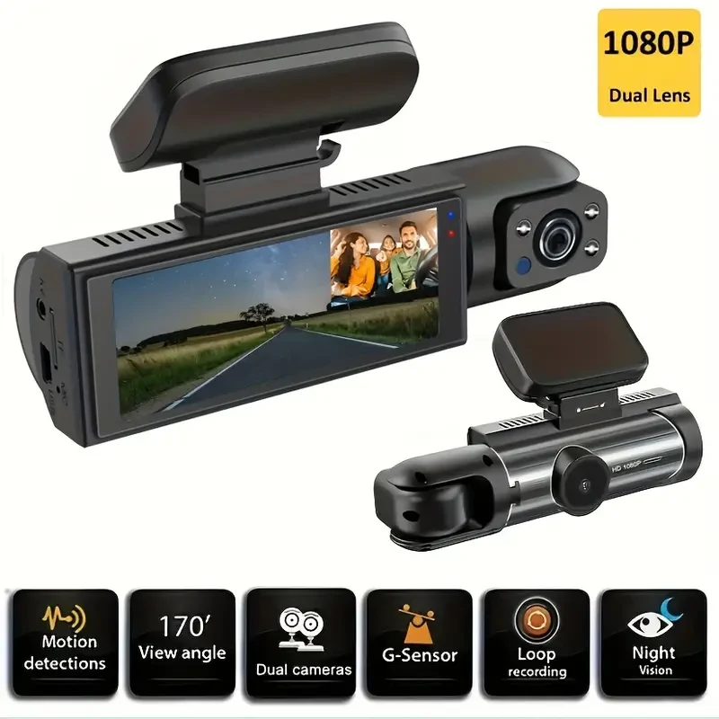 Dual Dash Cam Infrared Night Vision, Dual Channel 1080P Front And Inside, Wide Angle Car DVR Camera With 8.03 Cm IPS Screen, 24hr Motion Sensor Parking Mode, Loop Recording (Without 32G Card)