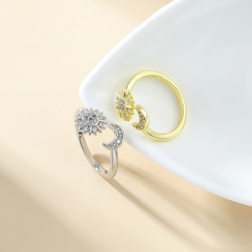 Opening Adjustable Star Moon Ring With Rhinestones Fashion Personality Couple Rings For Valentine's Day Jewelry
