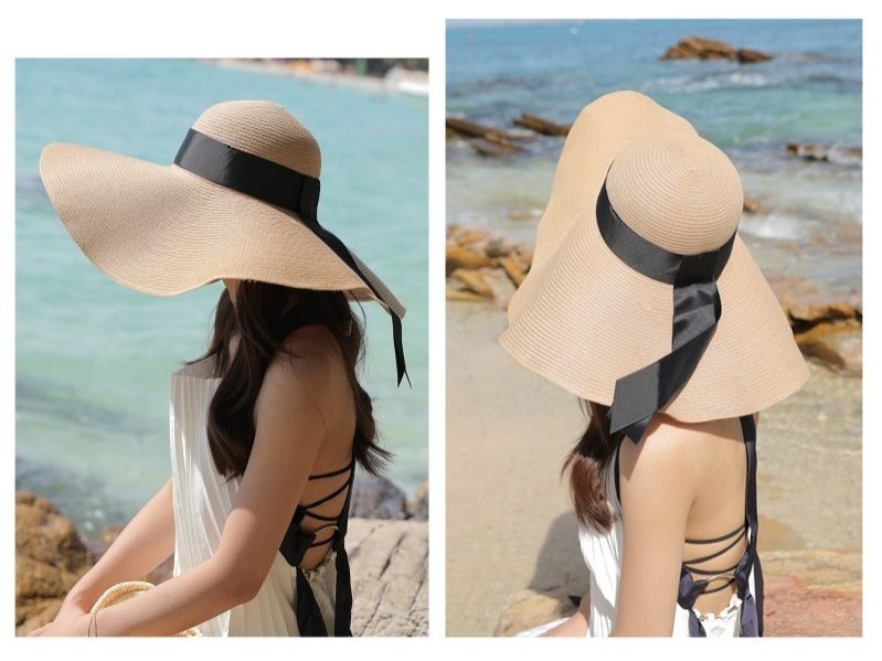 Khaki- 16cm Wide Brim Women Lady Sun Straw Hat Floppy Derby Summer Beach Cap