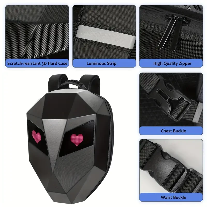 LED Motorcycle Riding Backpack with Hard Shell, DIY Helmet Storage, and Waterproof Laptop Compartment - 19 Inch Outdoor Camping Bag