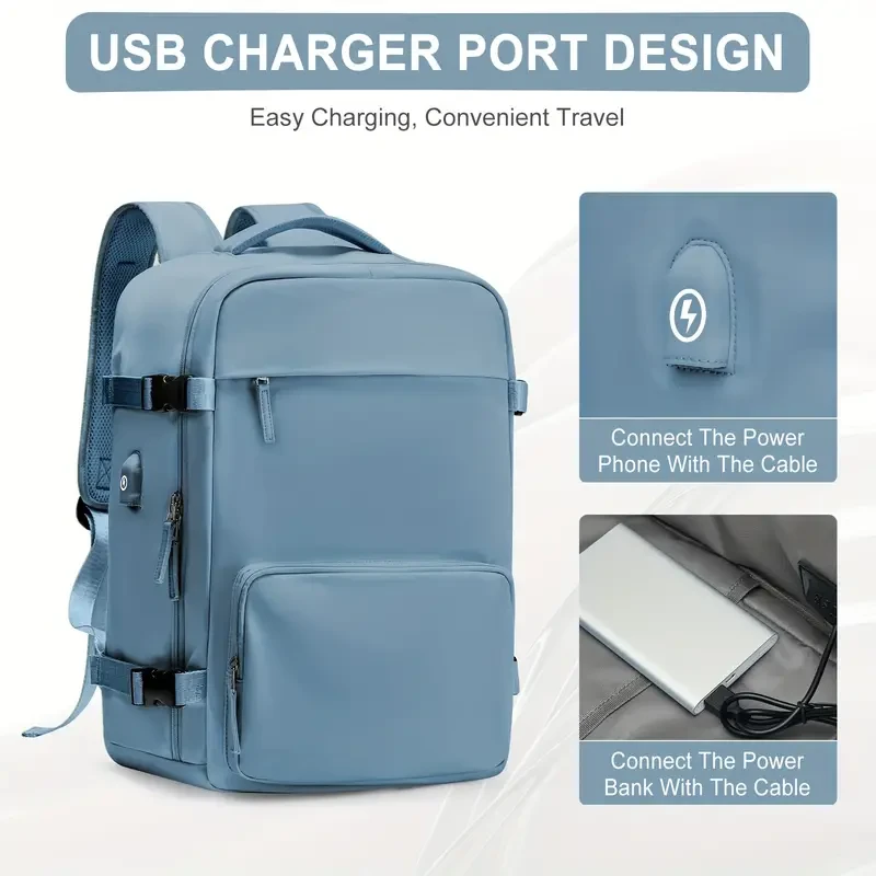 Casual Travel Portable Luggage Backpack with USB Charging Port & Trolley Strap - For Men and Women