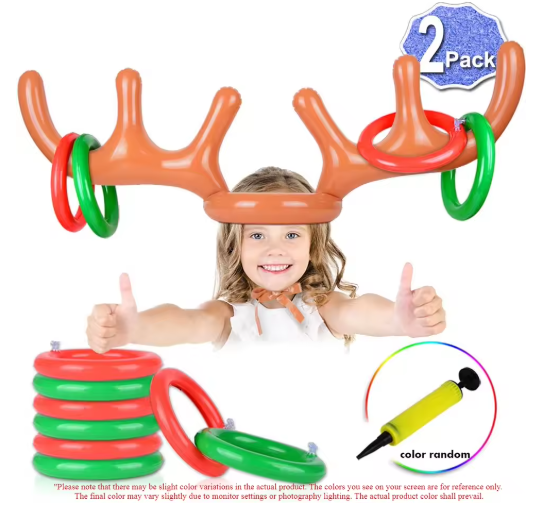 2 Pack Inflatable Reindeer Ring Toss Game With Antlers and 8 Rings, Family Christmas Party Games classroom indoor outdoor fun