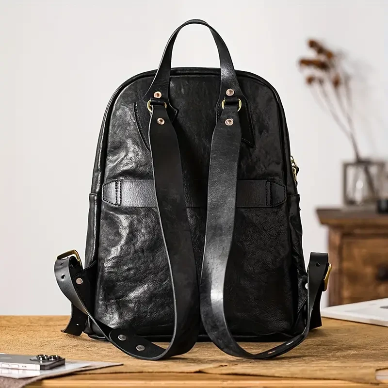 Vintage Style Waterproof Cowhide Men's Backpack - Trendy Retro Leather Bag for Travel and Commute