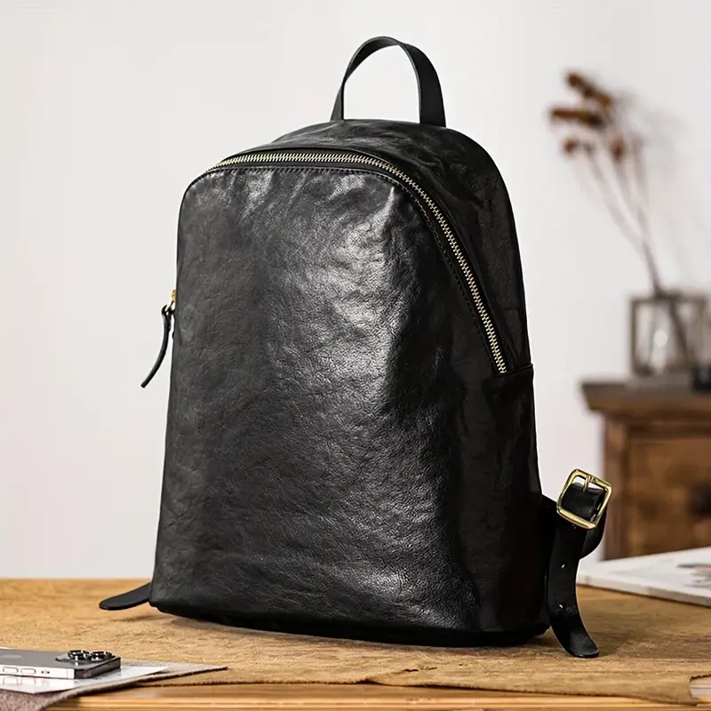 Vintage Style Waterproof Cowhide Men's Backpack - Trendy Retro Leather Bag for Travel and Commute