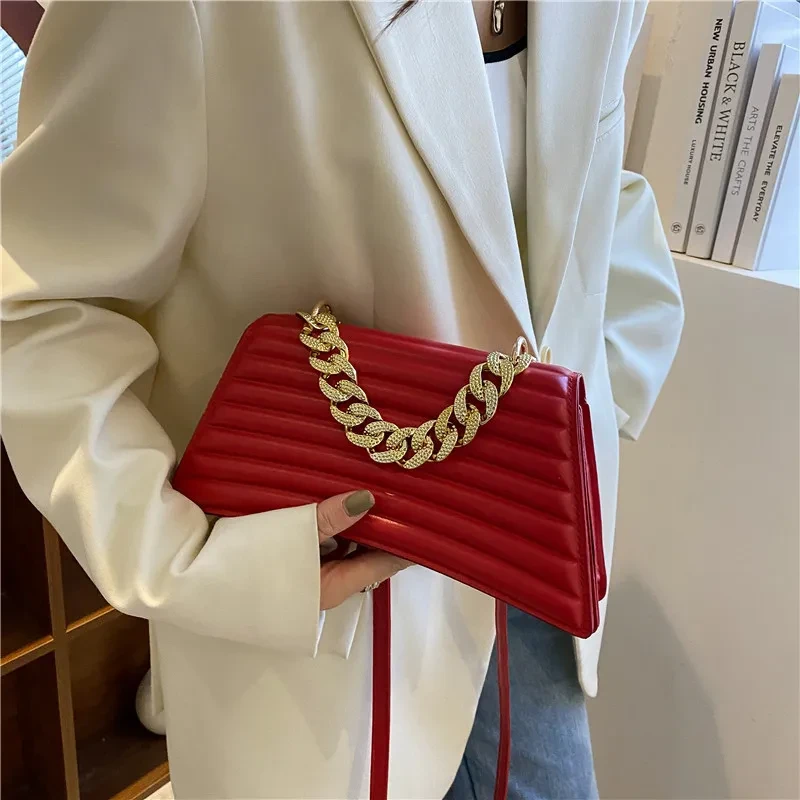 Indentation Plaid Chain Portable Shoulder Bag Red Bridal Bag Women