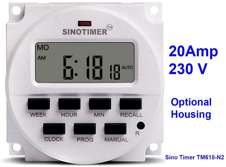 7 day New 20A Model TM618-N2. 230v. Free connectors Easy to Program Sino Timer