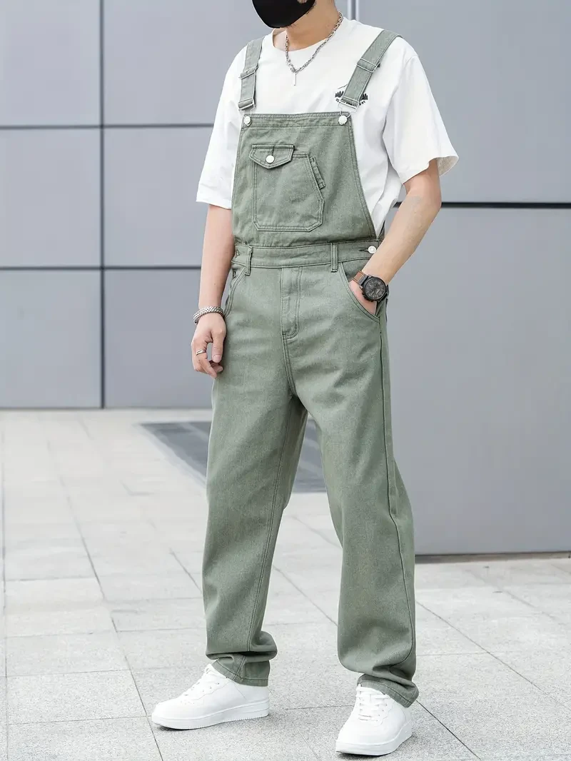 Men's All-Season Green Denim Bib Overalls - Loose, Casual Streetwear