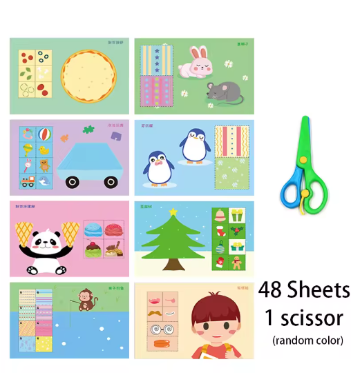 48pcs Paper-Cut Set DIY Paper Skills Activity Cutting Book Kids Crafts Scrapbooking Toys Kits Preschool Child-Safe Scissors