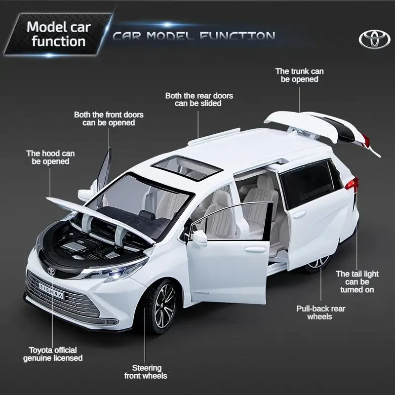 1 Toyota Diecast Car Model, 1:24 Scale, Zinc Alloy, Manual Push/Back/Friction Operation, with Button Battery, for Kids 3-6 Years Old, Authorized Toy Gift