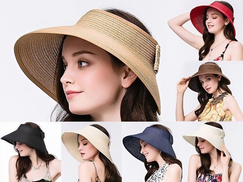 Foldable Roll Up Sun Beach Straw Visor Hat Summer Women Wide Brim Cap