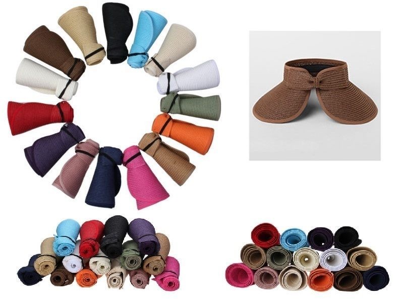 Foldable Roll Up Sun Beach Straw Visor Hat Summer Women Wide Brim Cap
