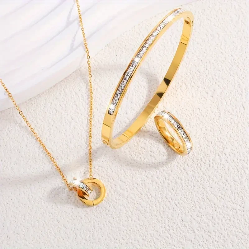Stainless Steel Single Row Rhinestone Necklace Bracelet Ring Set