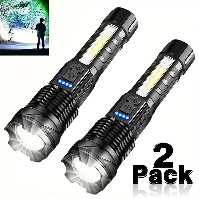 2-Pack Handheld LED Flashlights, USB Rechargeable ABS Work Lights with COB Side Lamp, XP50 High Power LED, 7 Modes, 150-350 Lumens, Emergency Lighting for Outdoors, Hiking, Camping, Up to 200M Range