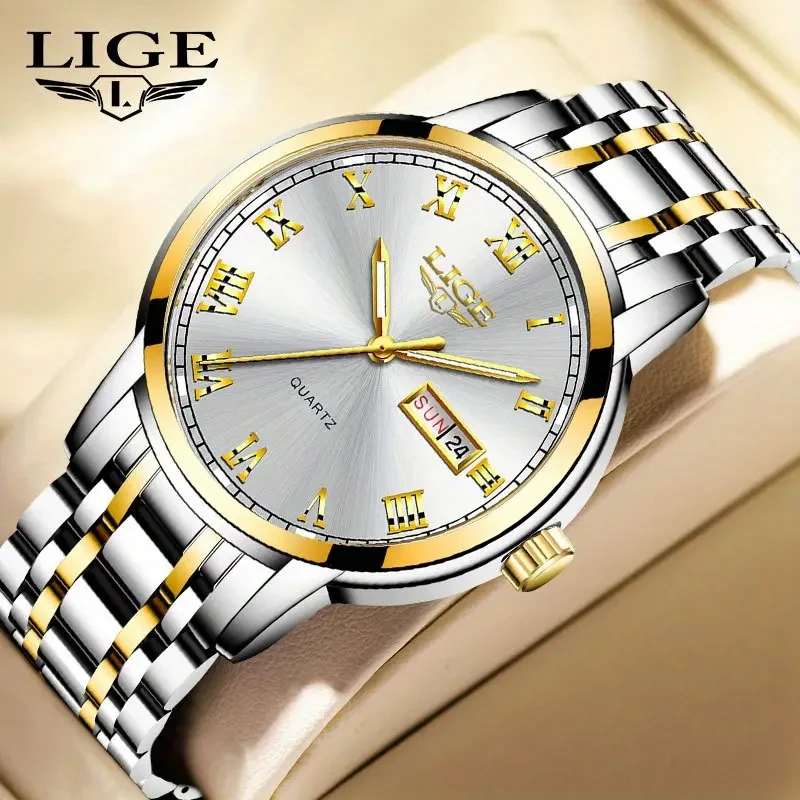 LIGE Luxury Brand Stainless Steel Gold Watch Women