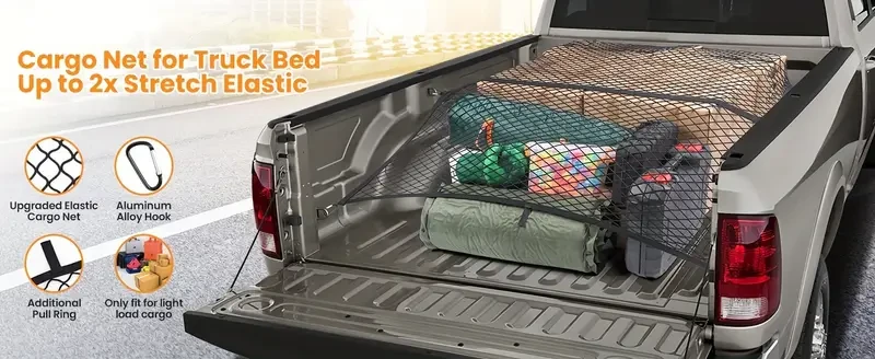Versatile Double-Layer Cargo Net for Trucks - Stretchable Mesh Organizer, Fits 3.3'x4' to 5.8'x7' & 4'x4' to 7'x7', Ideal for Pickups, Trailers, SUVs, ATVs/UTVs
