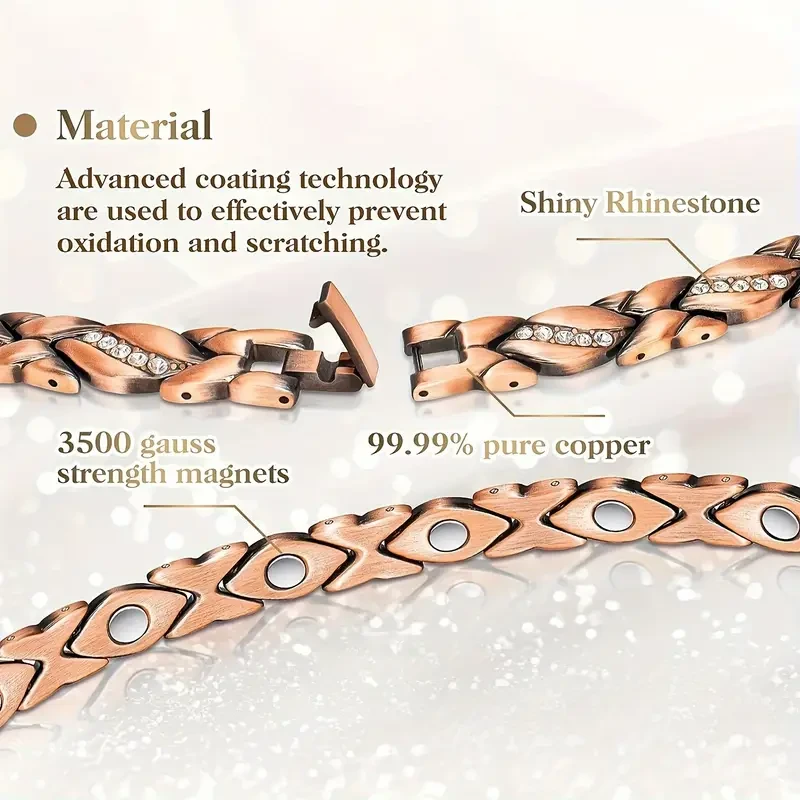 Elegant Pure Copper Bracelet for Women -  Ultra Magnetic with 3500 Gauss Magnets (Includes Sizing Tool)