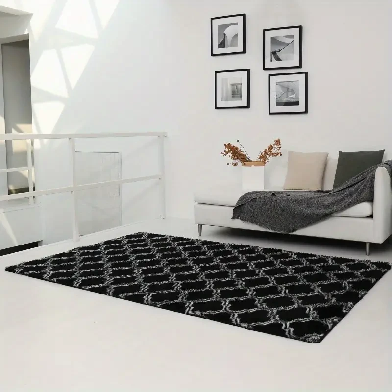 Zulida Luxury Plush Black & White Diamond Pattern Area Rug - Soft, Fluffy, Non-Flame Retardant, Machine Washable with Non-Slip Backing for Living Room and Bedroom Decor