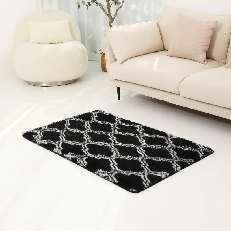 Zulida Luxury Plush Black & White Diamond Pattern Area Rug - Soft, Fluffy, Non-Flame Retardant, Machine Washable with Non-Slip Backing for Living Room and Bedroom Decor