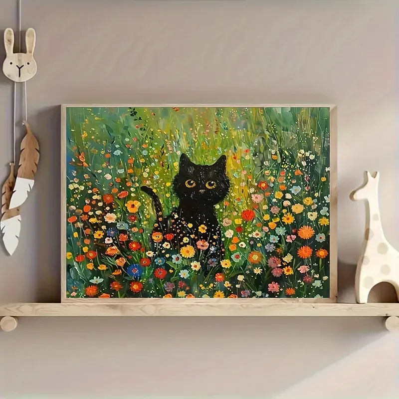 Charming Black Cat & Floral Canvas Art, 30.48x40.64cm - Whimsical Wall Decor for Home, Office, Cafe