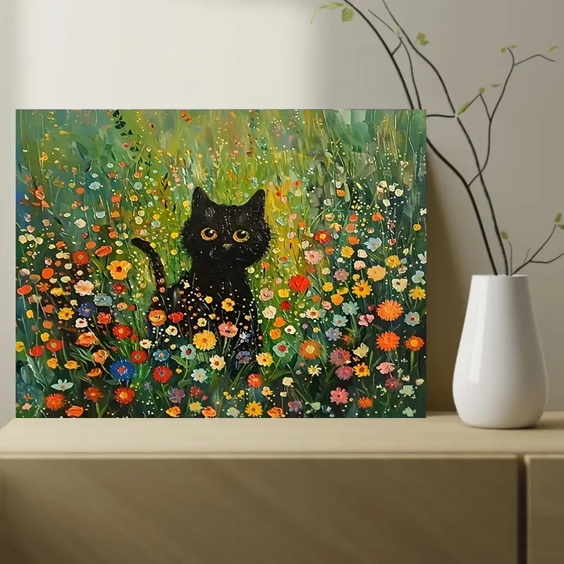 Charming Black Cat & Floral Canvas Art, 30.48x40.64cm - Whimsical Wall Decor for Home, Office, Cafe