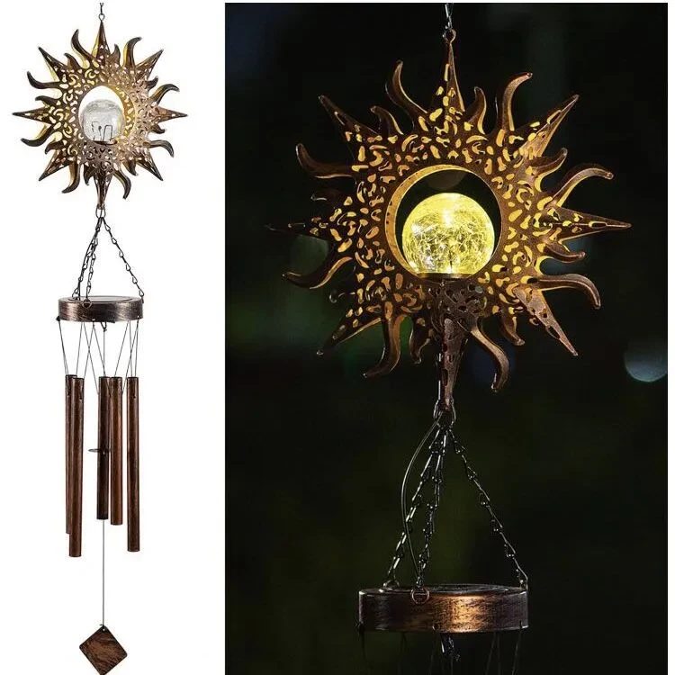Wrought iron hollow sun moon wind chime pendant LED