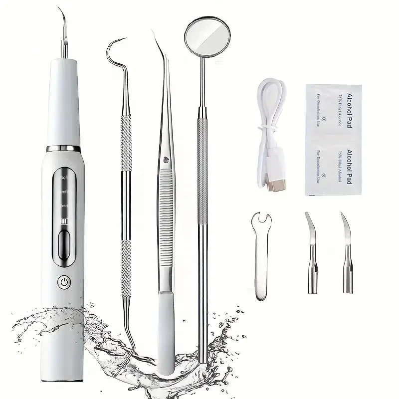 Tooth plaque/tartar remover, tooth plaque remover, electric tooth cleaner tartar remover, dental calculus remover tooth cleaning kit, with LED light, 3 modes rechargeable tooth cleaning kit, with dental tools, 2 replaceable heads, men and women can use