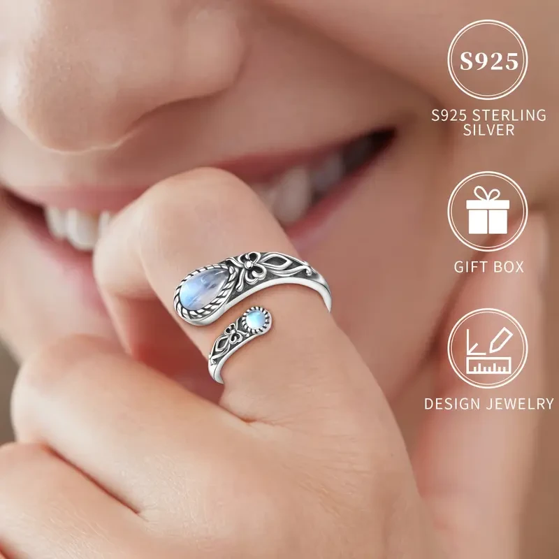 Vintage Boho Sterling Silver Moonstone Ring - Adjustable Spoon Band with Synthetic Stone,
