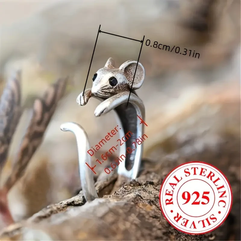 Sterling Silvery Vintage Bohemian Mouse Design Adjustable Ring for Men and Women