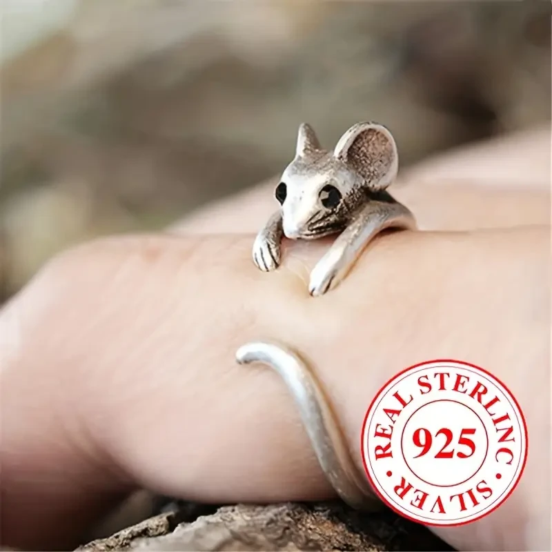 Sterling Silvery Vintage Bohemian Mouse Design Adjustable Ring for Men and Women