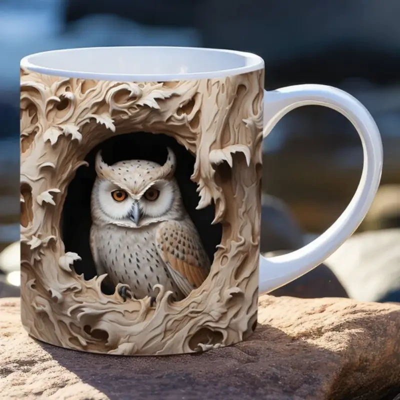 3D Owl Ceramic Coffee Mug, Tea Cup with Cute Broken Wall Pattern