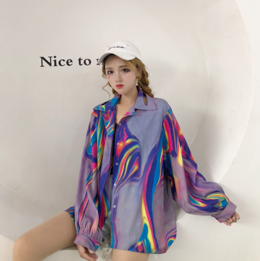 Lychee Harajuku Laser Women Blouse Rainbow Turn Down Collar Long Sleeve Casual Loose Holographic Hologram Shirt Tops Female