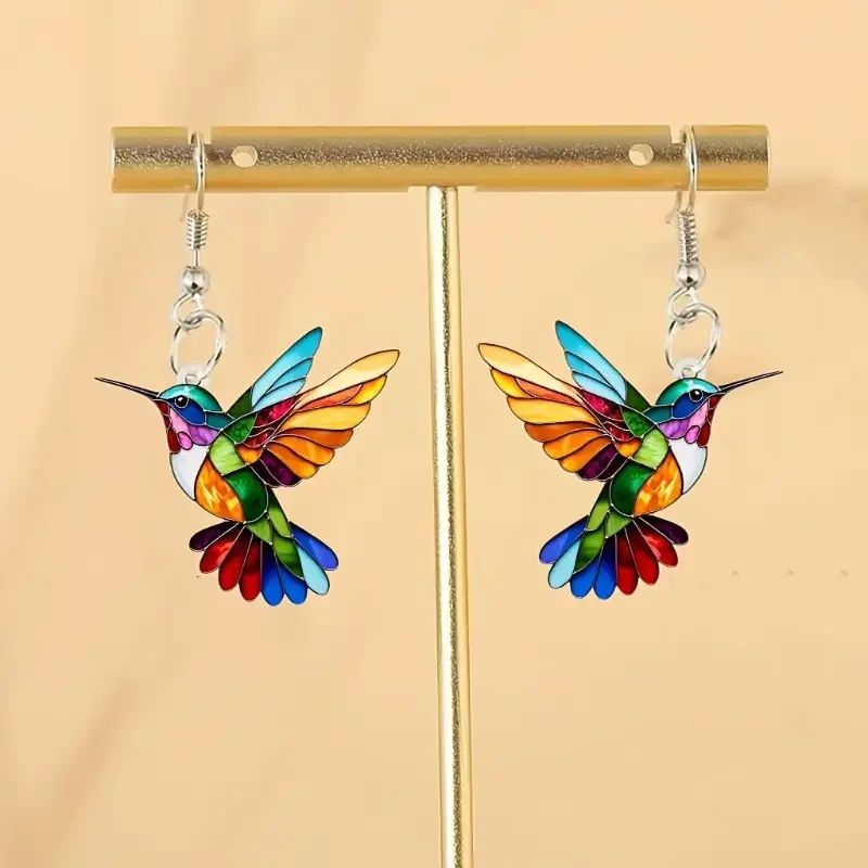 1 Pair Acrylic Hummingbird Earrings, Colorful 2D Design, Featherless, Stainless Steel Hooks24