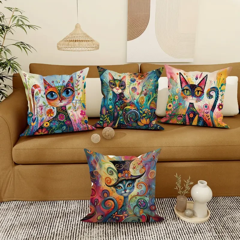 JIT 4-Pack Contemporary Throw Cushion Covers  Velvet Cat Floral Abstract Art