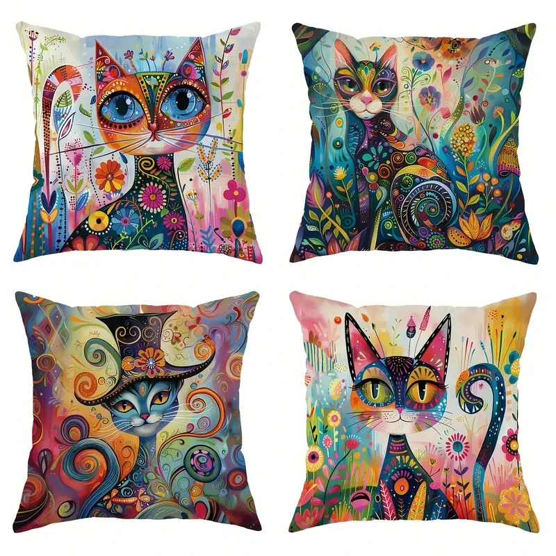 JIT 4-Pack Contemporary Throw Cushion Covers  Velvet Cat Floral Abstract Art