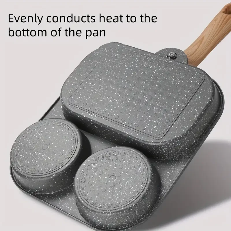 Versatile Non-Stick Aluminum Alloy Frying Pan, Dual Compartment for Eggs & Toast - Rust-Resistant with Wooden Handles, Perfect for Gas & Induction Cooking