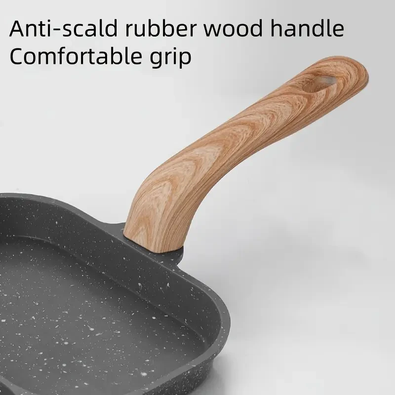 Versatile Non-Stick Aluminum Alloy Frying Pan, Dual Compartment for Eggs & Toast - Rust-Resistant with Wooden Handles, Perfect for Gas & Induction Cooking