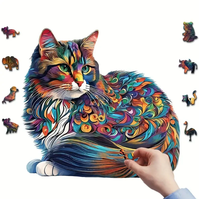 Colorful Cat Wooden Puzzle  Unique Shaped Jigsaw for Creative Minds