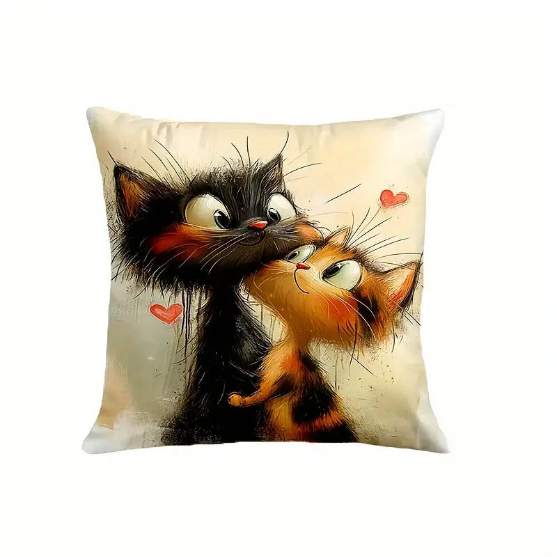 Hand-Drawn Cat Couple Design Throw Pillow Covers - Set of 4