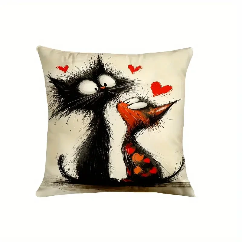Hand-Drawn Cat Couple Design Throw Pillow Covers - Set of 4
