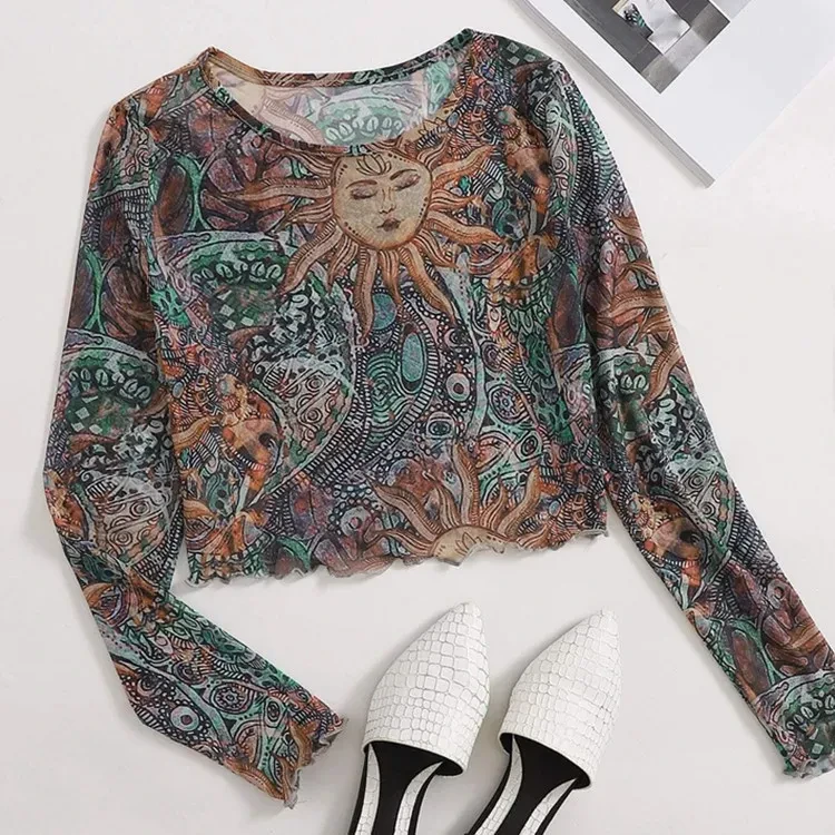 Ladies Round Neck Mesh See-through Sunflower Print Long Sleeves