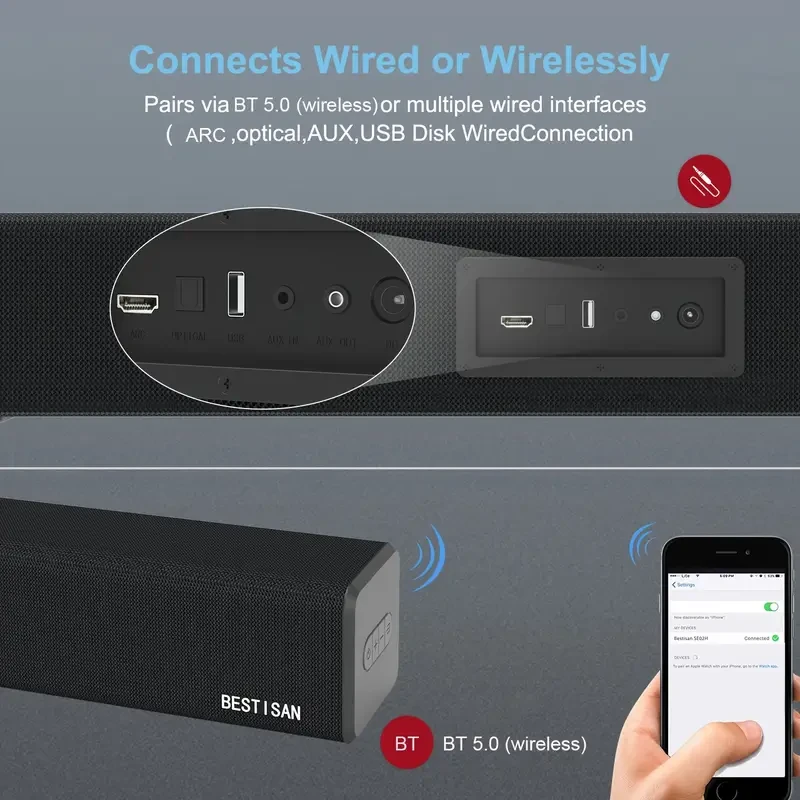 BESTISAN SE02 Sound Bar - 100 Watt HD-ARC with Built-In Subwoofer