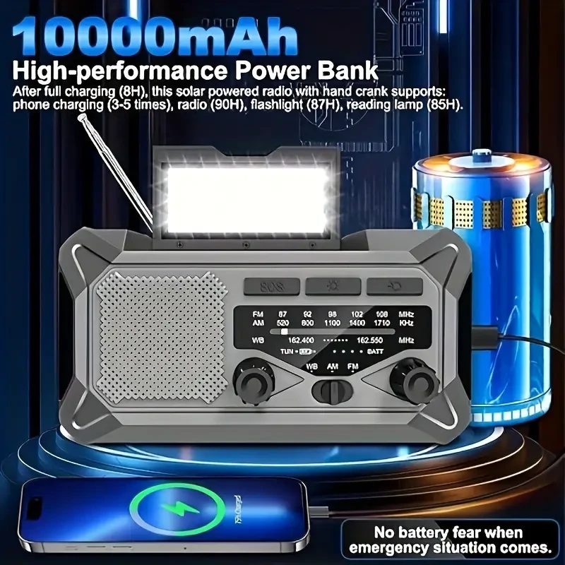 12000mAh Emergency Weather Radio - Solar & Hand Crank Portable Radio
