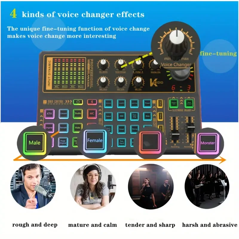 K300 Sound Mixer Board - LED Light Voice Changer with Multiple Sound Effects