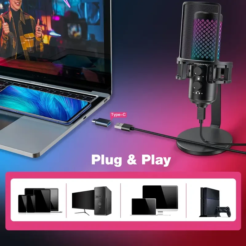 ZealSound Gaming USB Microphone - Quick Mute, RGB Indicator, Pop Filter