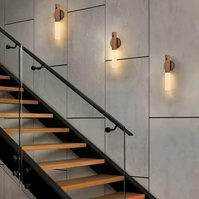 2pcs Modern Beech Wood LED Wall Sconces with Motion Sensor - Rechargeable, Magnetic Night Lights for Bedroom, Stairs & Hallway Decor