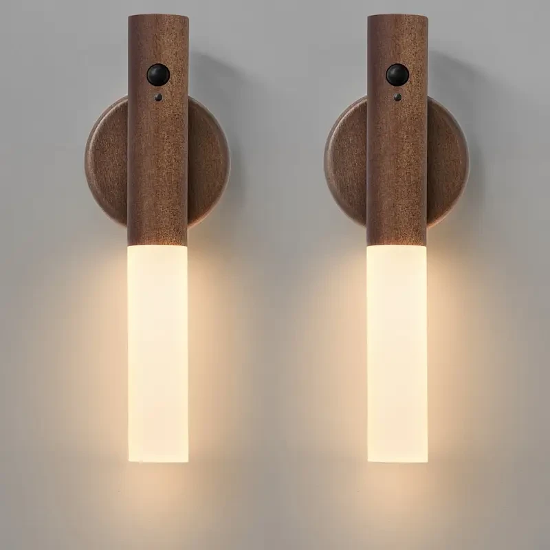 2pcs Modern Beech Wood LED Wall Sconces with Motion Sensor - Rechargeable, Magnetic Night Lights for Bedroom, Stairs & Hallway Decor