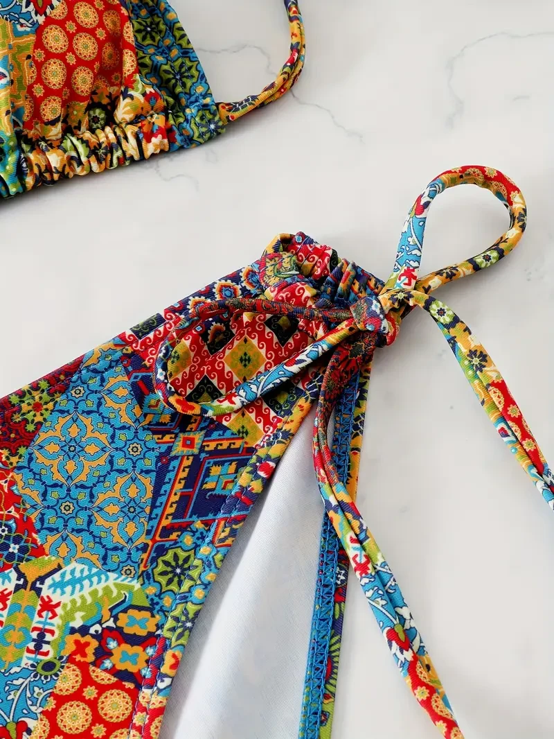 Allover Print Ethnic Style Triangle Halter Tie Strap Backless 2-Piece Set